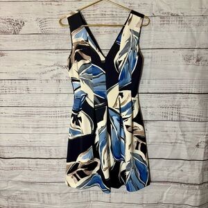 Vince Camuto Blue and Cream Abstract Lined Mini Dress
